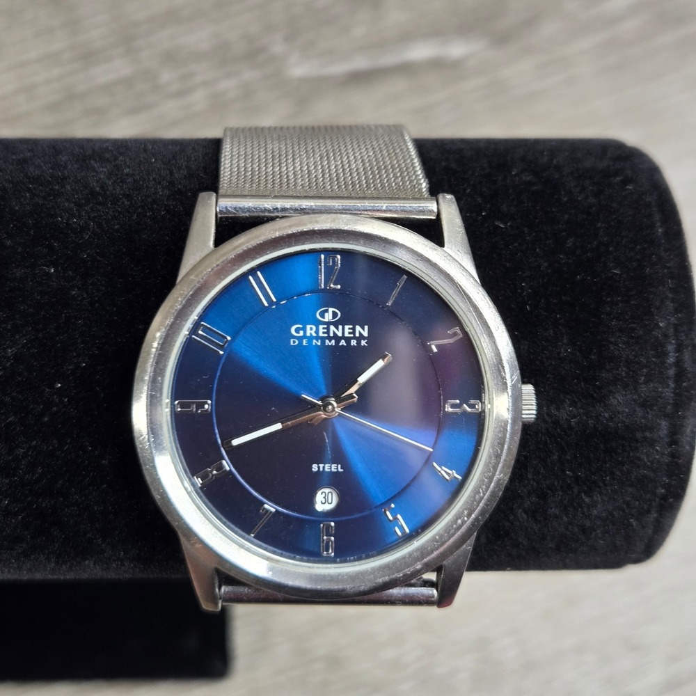 Grenen Denmark Watch Stainless Steel Blue Dial Mesh Band Date Mens M-24XLSSN Gif